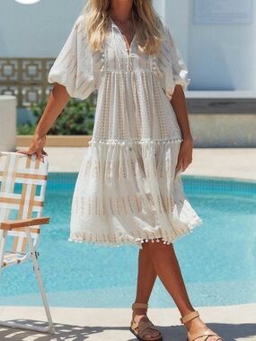 Women's White Boho Tiered Midi Dress